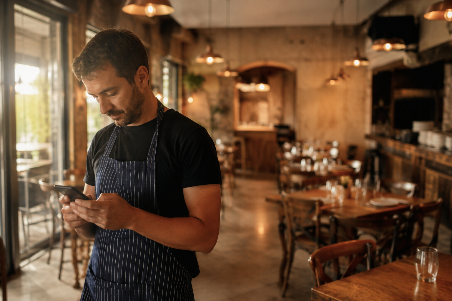 Dueño de restaurante revisando su móvil