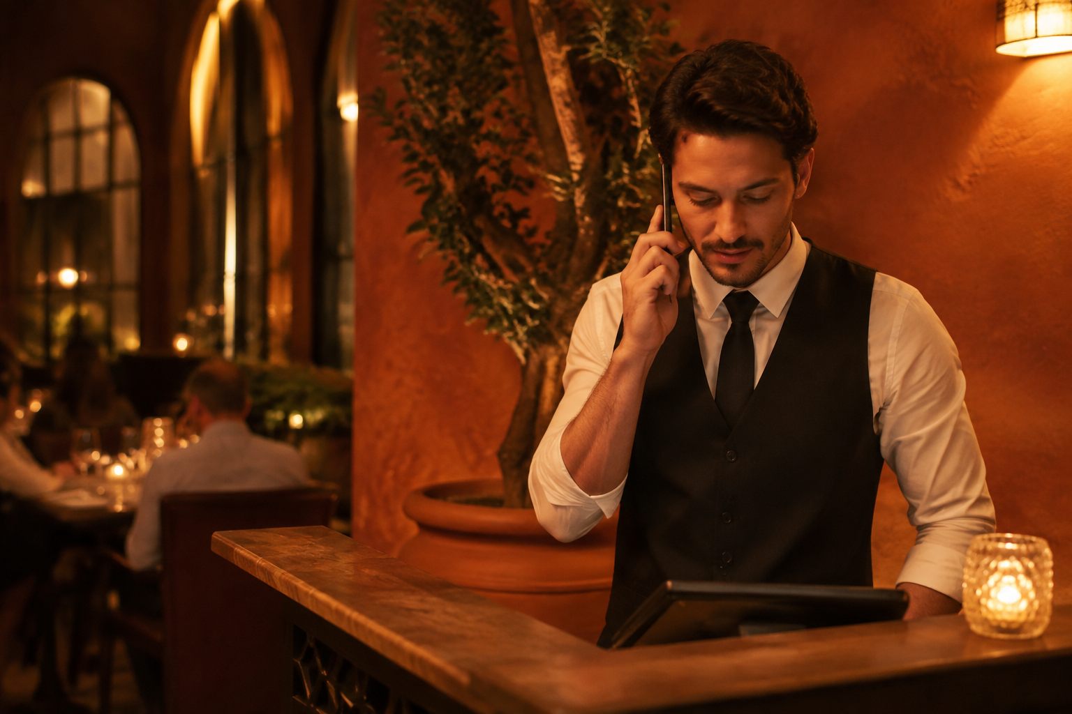 Camarero atendiendo una reserva por teléfono